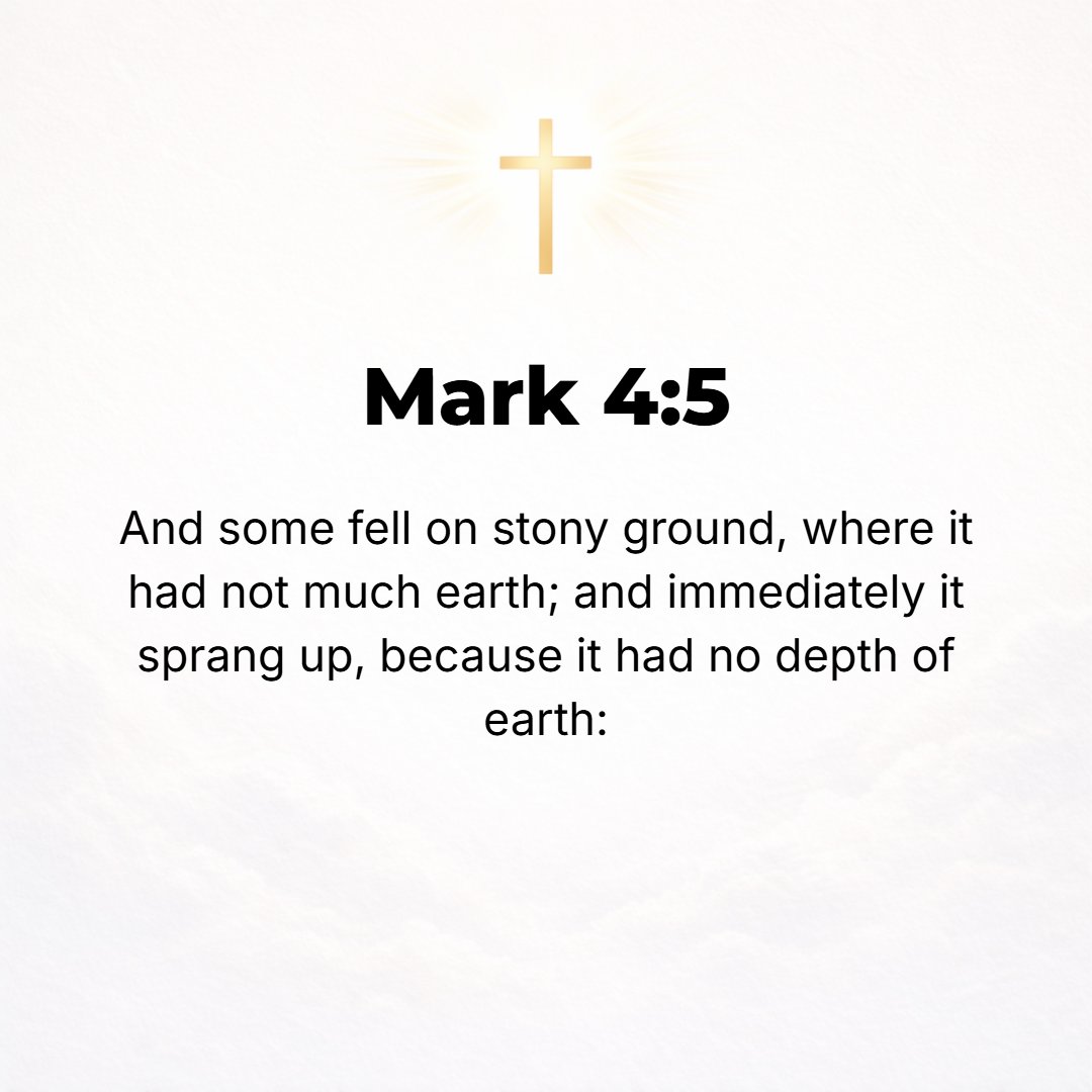 Mark 4:5 - Other seed [of the same kind] fell on ground full of rocks, where it had not much soil; and at once it sprang up, because it had no depth of soil