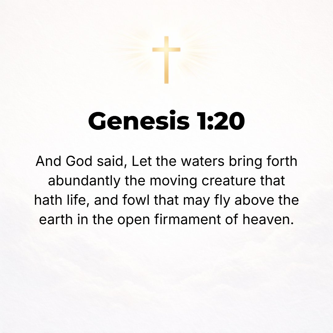 Genesis 1:20 - And God said, Let the waters bring forth abundantly and swarm with living creatures, and let birds fly over the earth in the open expanse of the heavens.