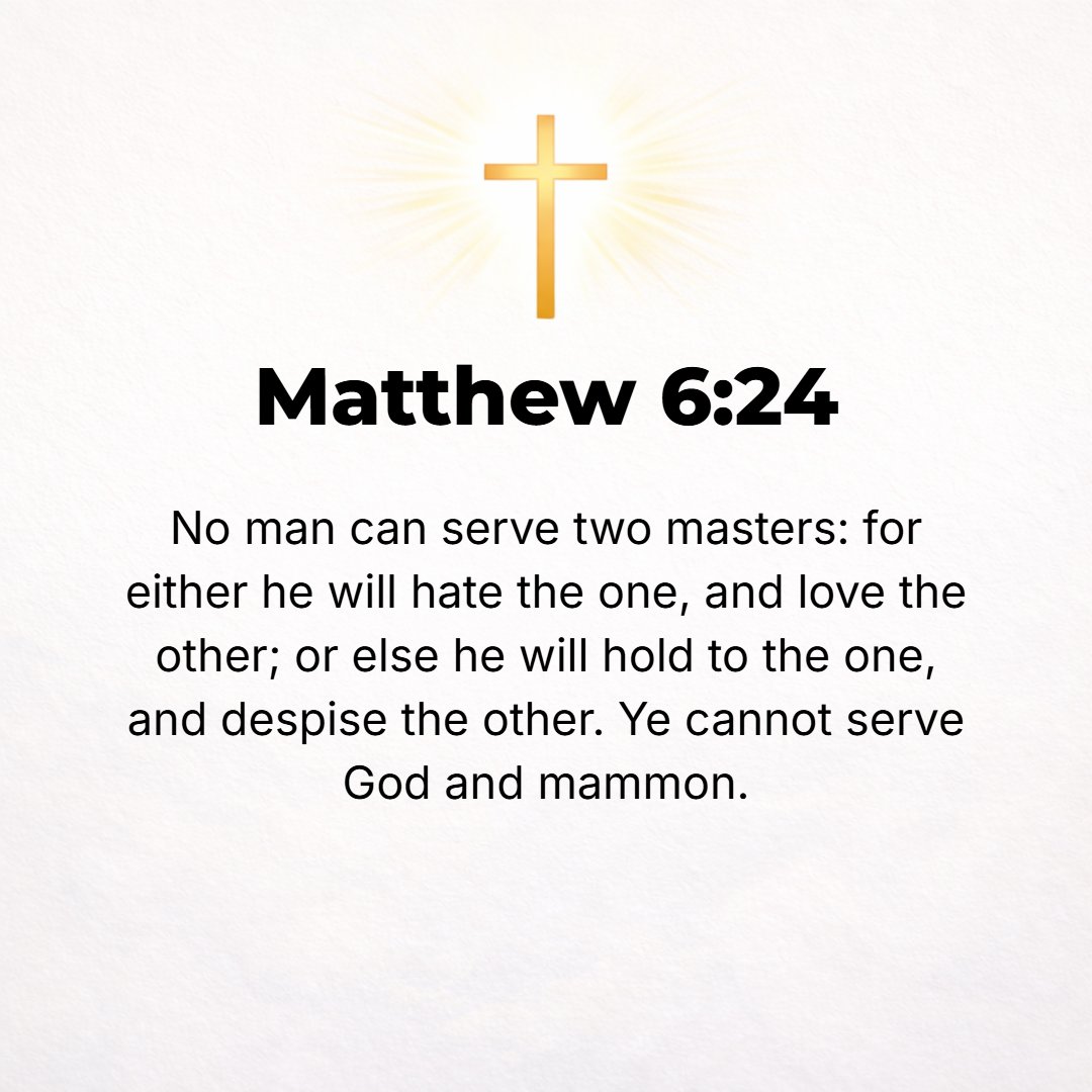 Matthew 6:24 - No one can serve two masters; for either he will hate the one and love the other, or he will stand by and be devoted to the one and despise and be against th...
