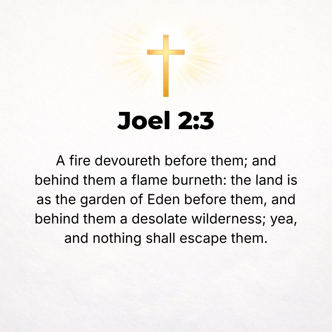 Joel 2:3 - A fire devours before them, and behind them a flame burns; the land is as the garden of Eden before them, and behind them a desolate wilderness; yes, and non...