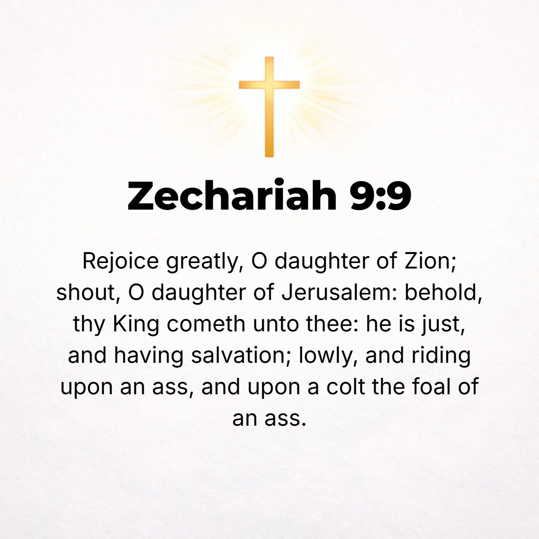 Zechariah 9:9 - Rejoice greatly, O Daughter of Zion! Shout aloud, O Daughter of Jerusalem! Behold, your King comes to you; He is [uncompromisingly] just and having salvation...