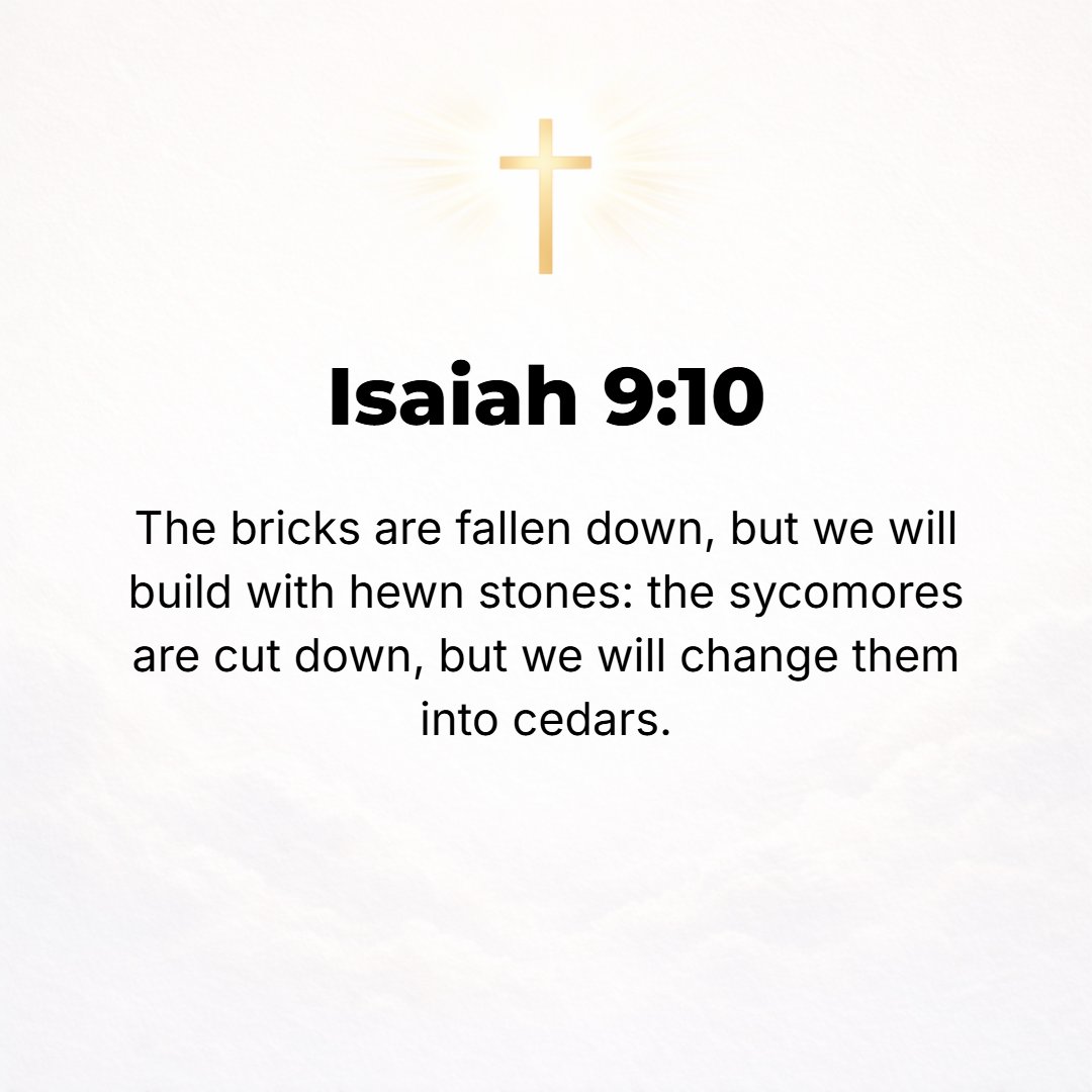 Isaiah 9:10 - The bricks have fallen, but we will build [all the better] with hewn stones; the sycamores have been cut down, but we will put [costlier] cedars in their place.